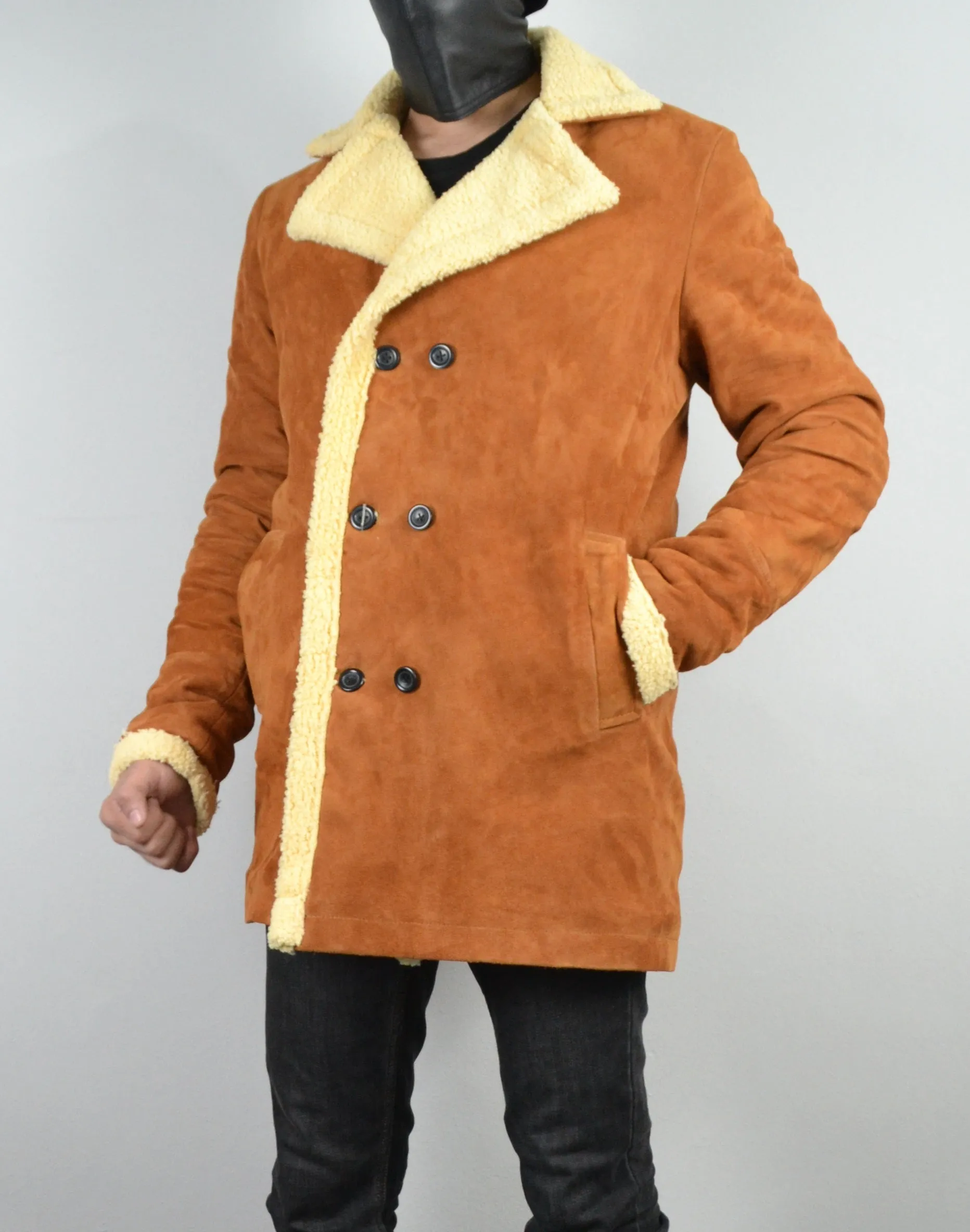 Men's Double Breasted Shearling Fur Suede Tan Leather Jacket