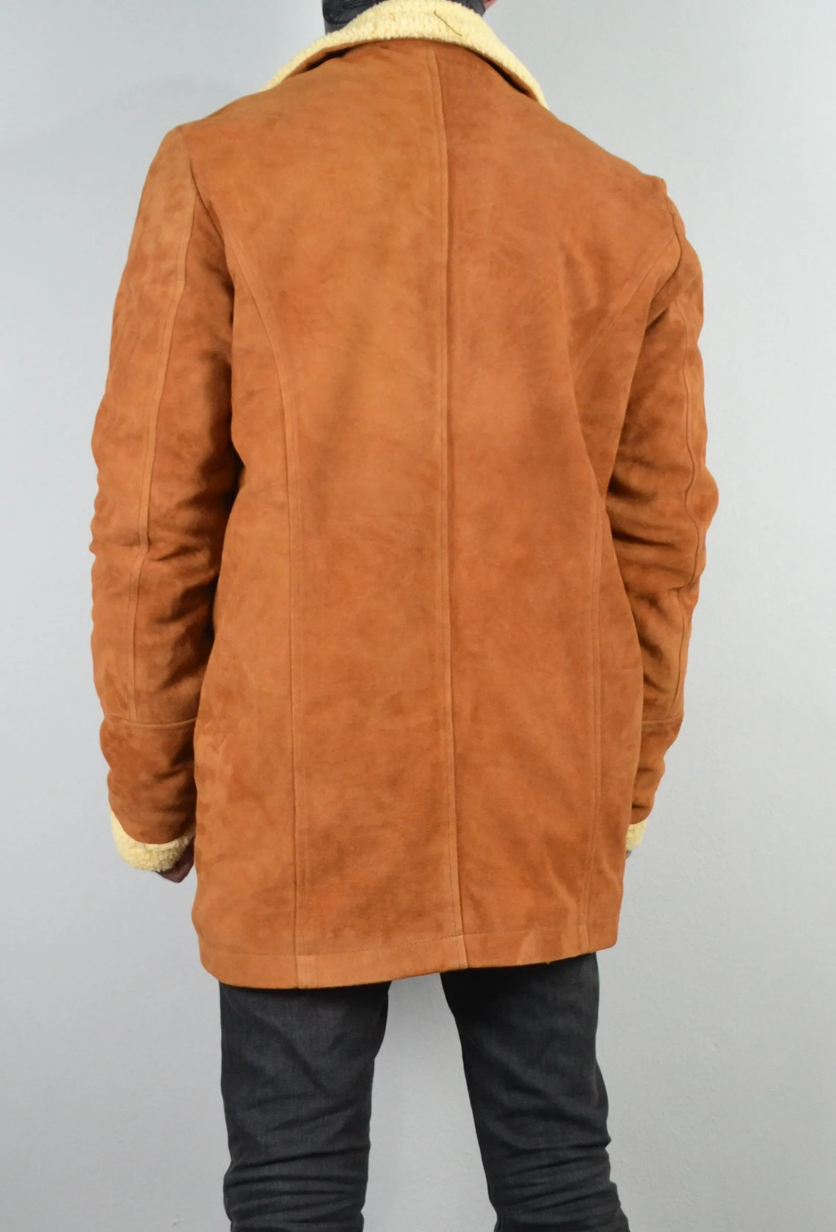 Men's Double Breasted Shearling Fur Suede Tan Leather Jacket