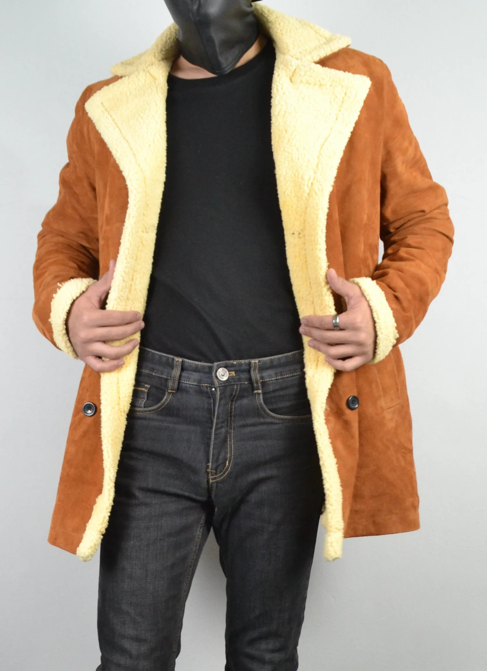 Men's Double Breasted Shearling Fur Suede Tan Leather Jacket