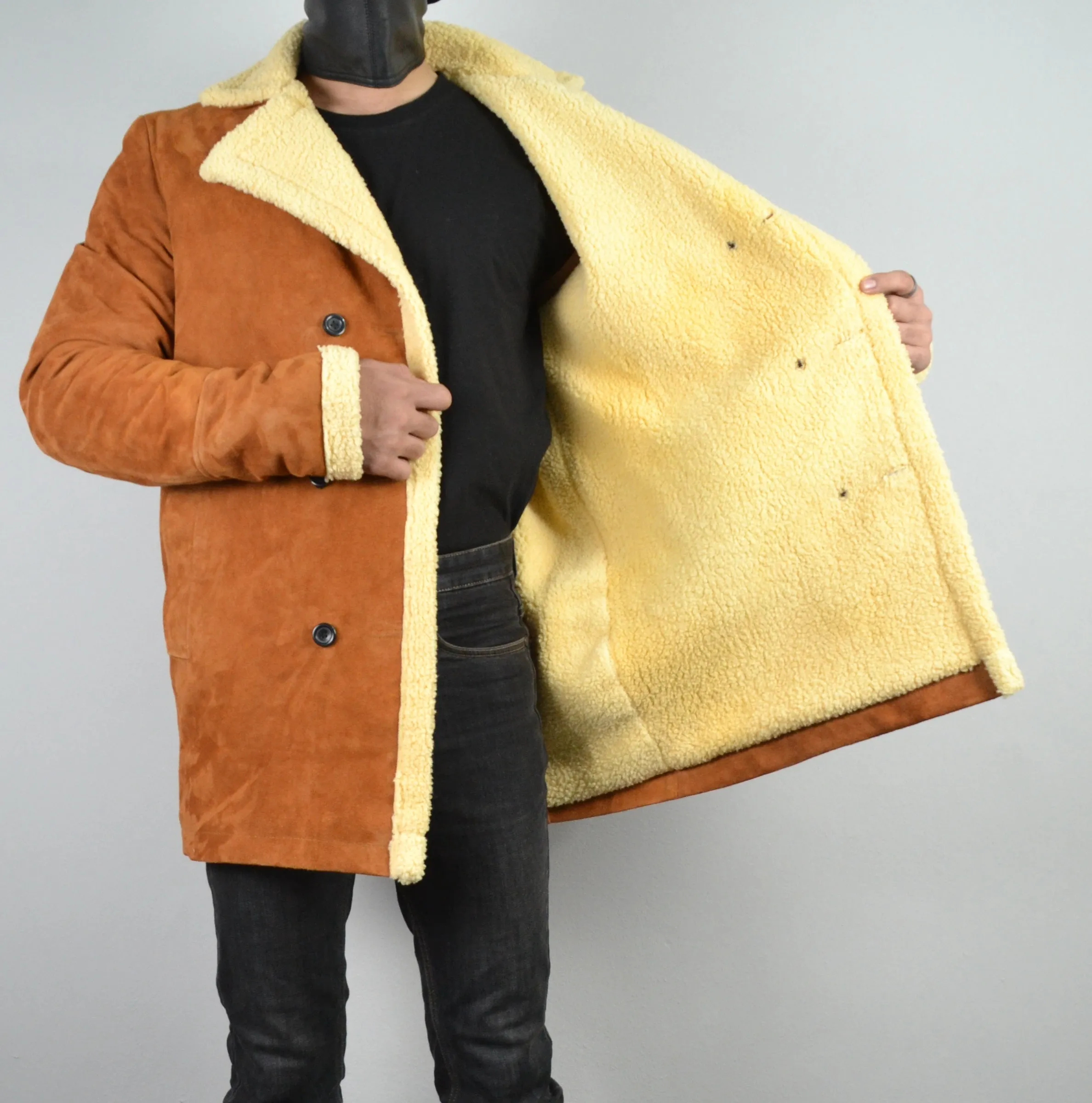 Men's Double Breasted Shearling Fur Suede Tan Leather Jacket