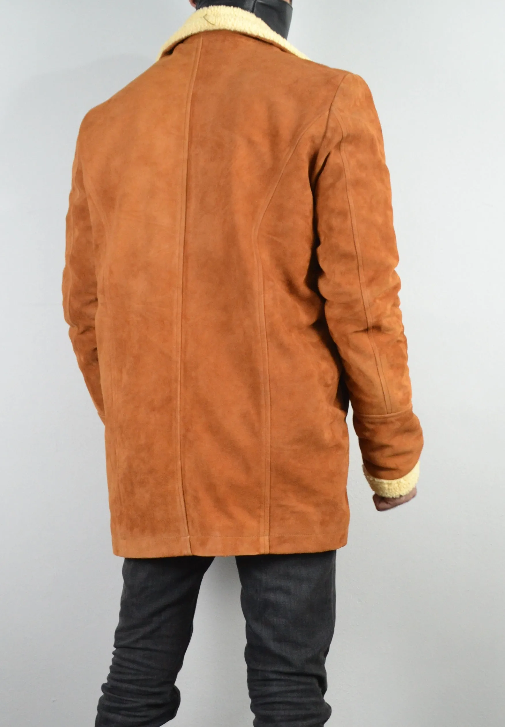 Men's Double Breasted Shearling Fur Suede Tan Leather Jacket