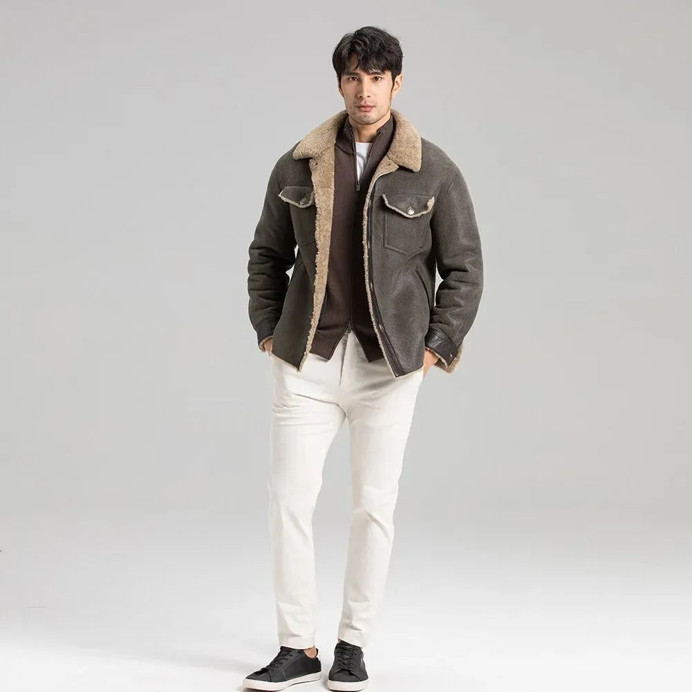 Men's Grey Shearling Jacket - Trucker Style