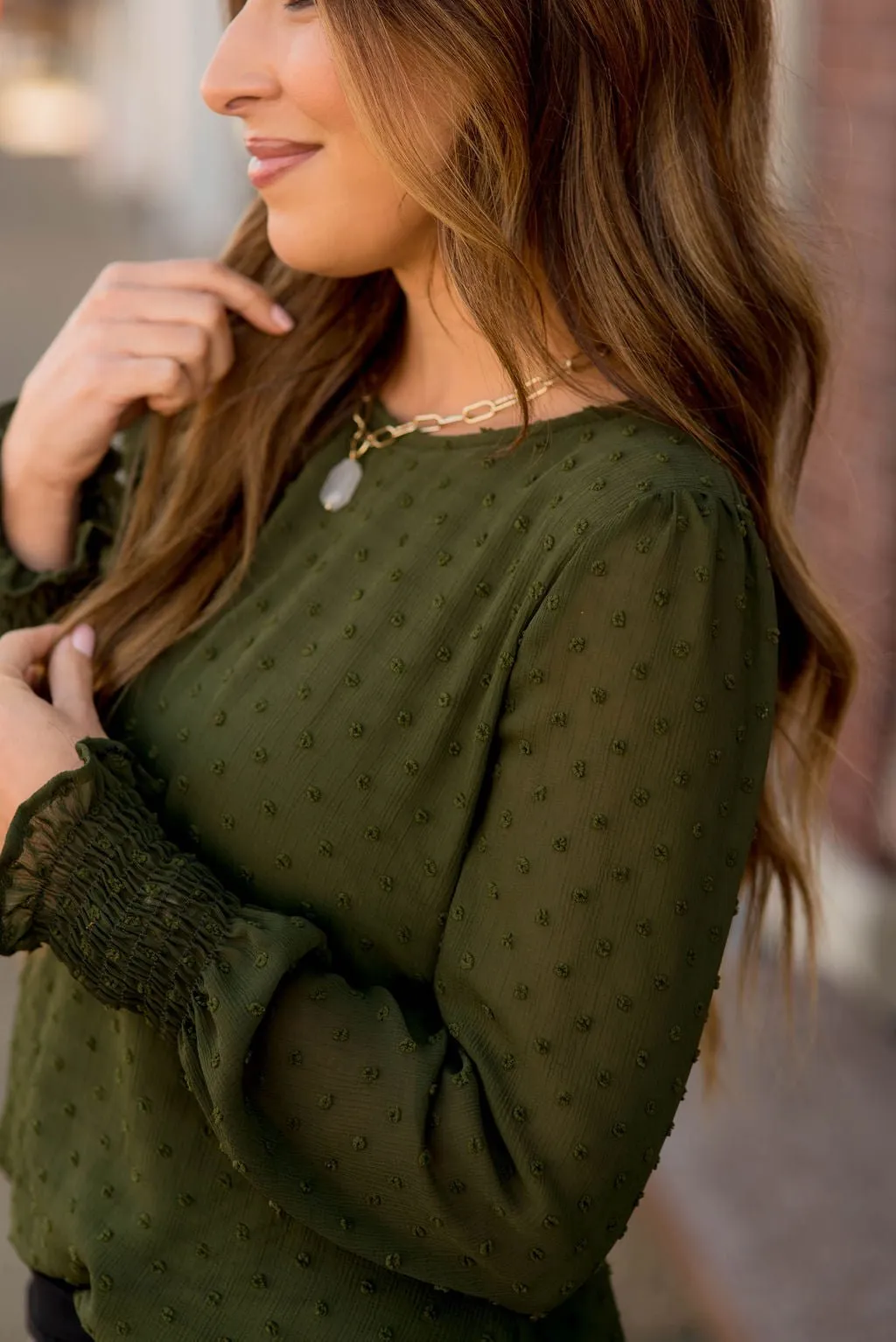 Micro Dot Cinched Sleeve Blouse