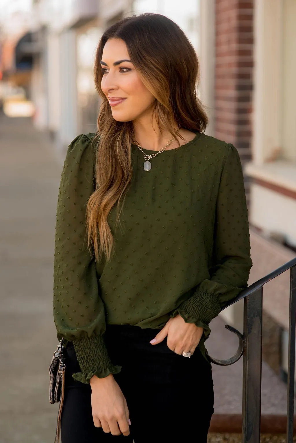 Micro Dot Cinched Sleeve Blouse