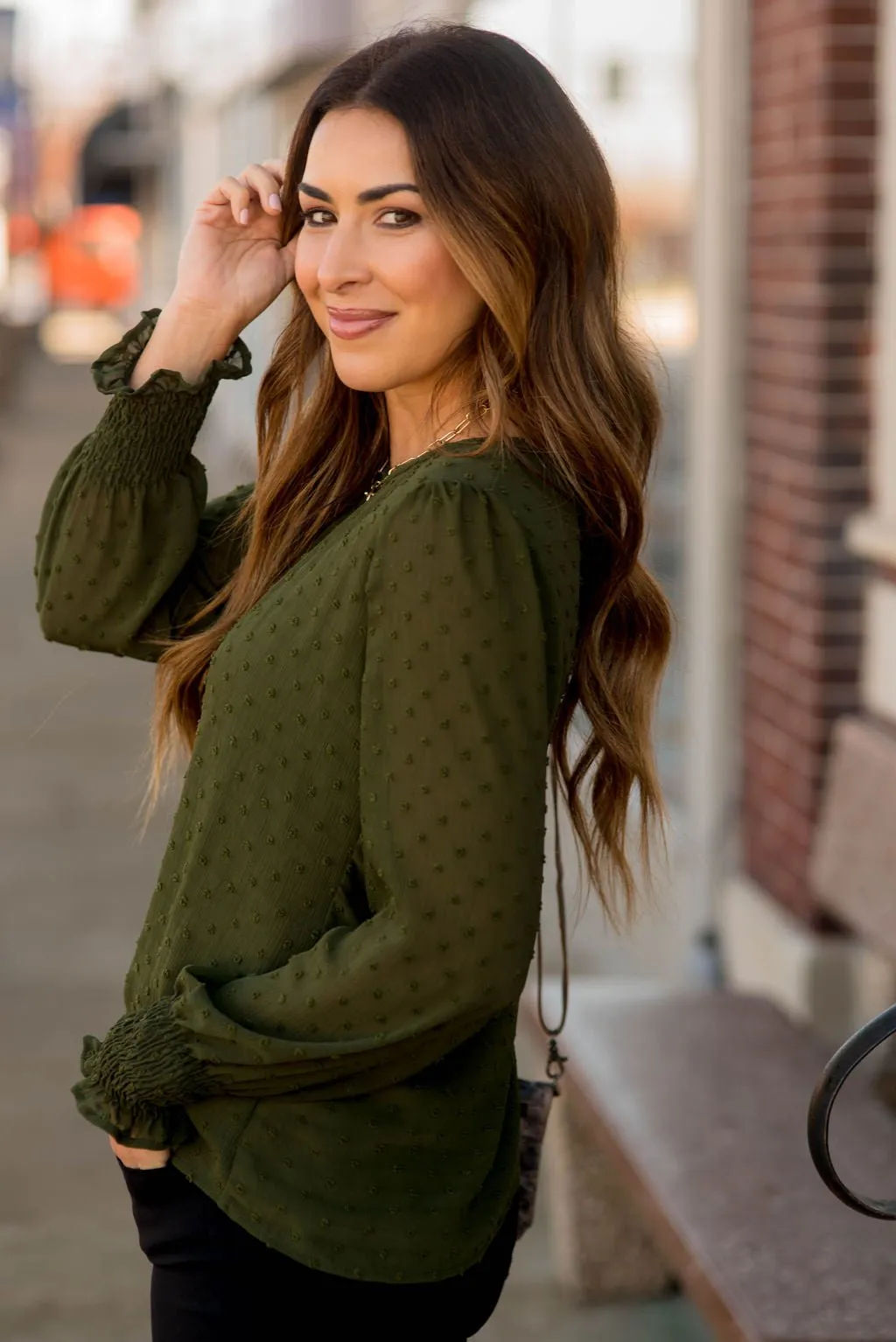 Micro Dot Cinched Sleeve Blouse