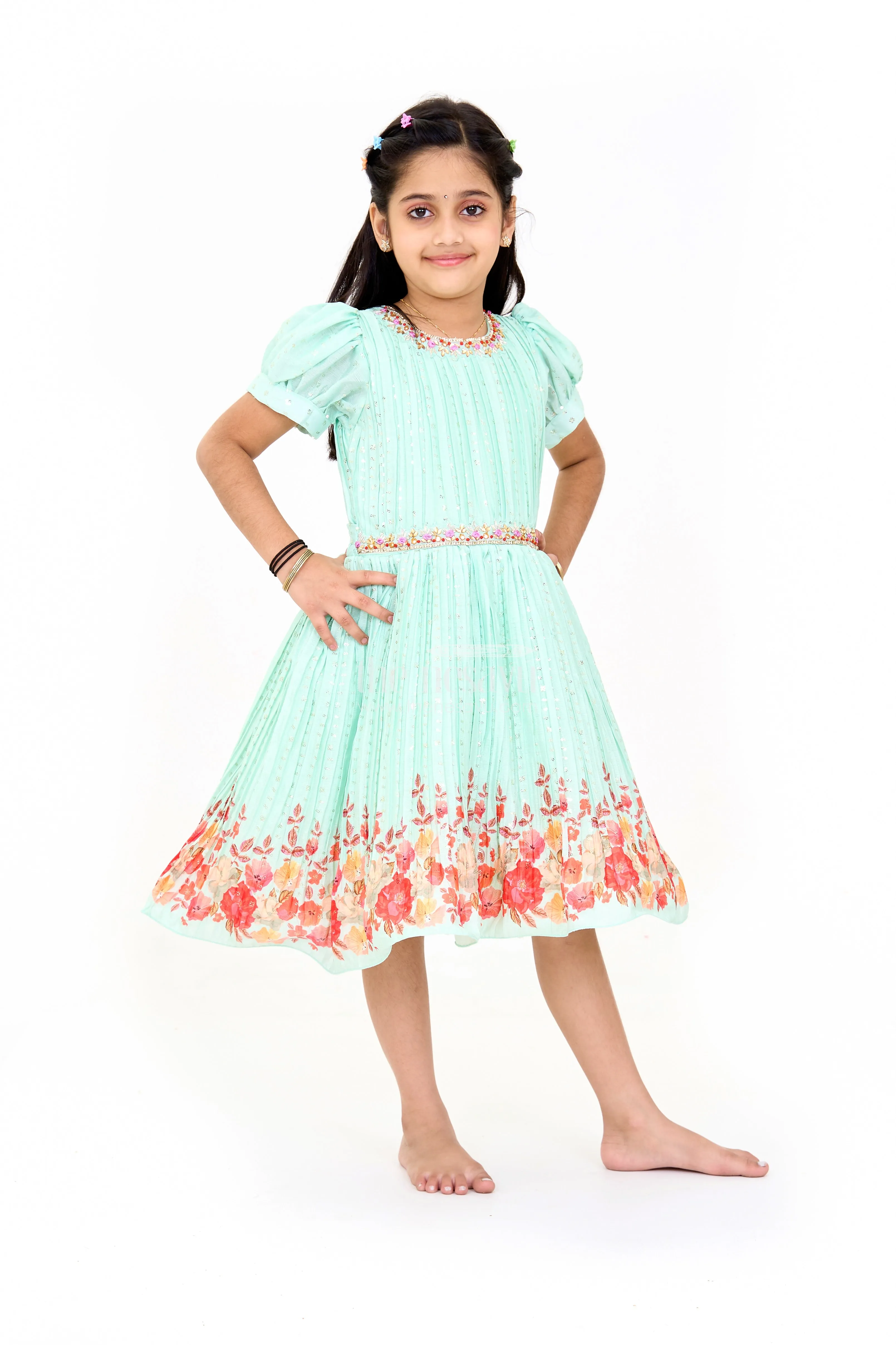 Mint Green Girls Fancy Frock with Floral Embellishments and Vibrant Border for Parties