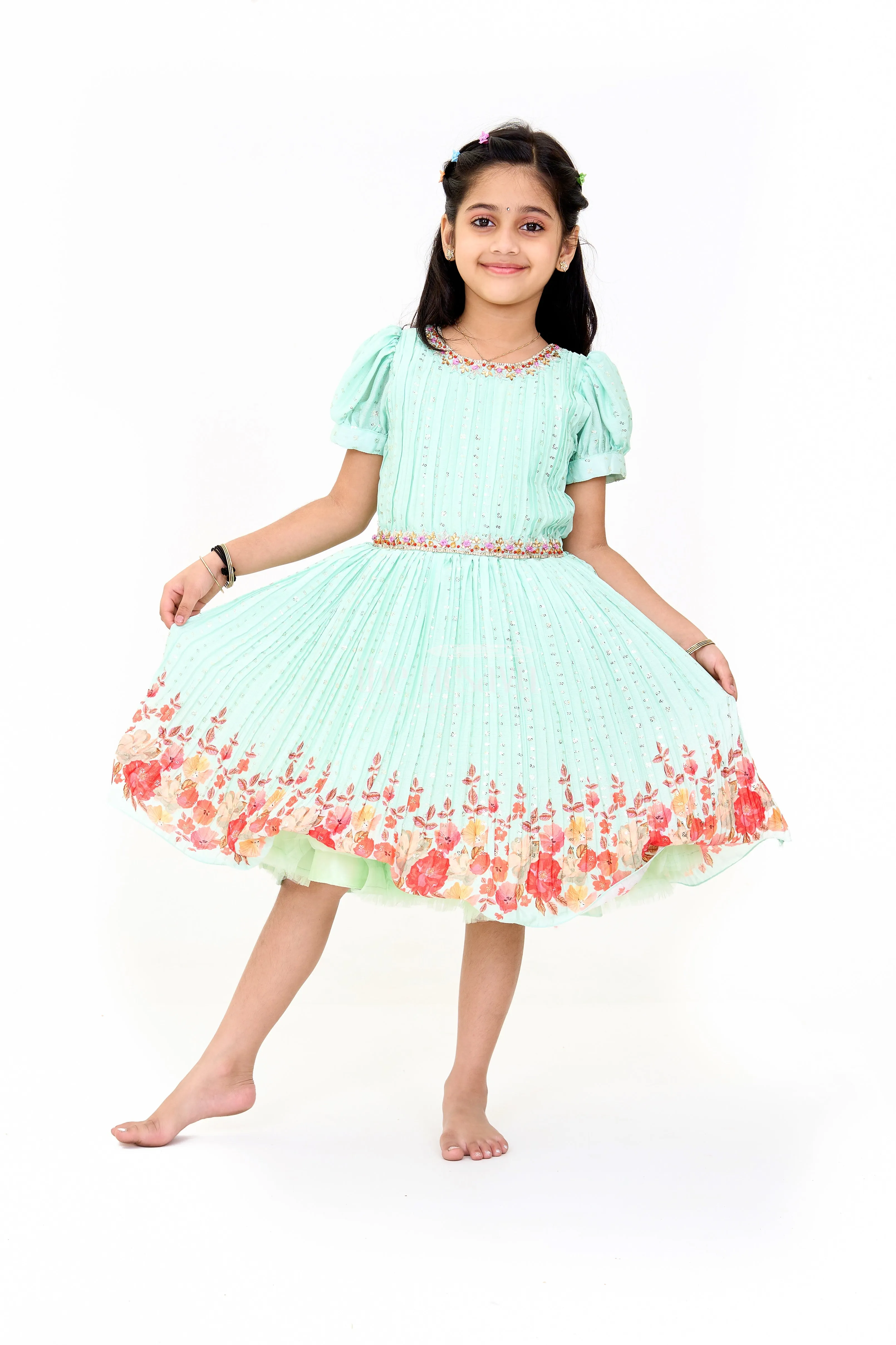 Mint Green Girls Fancy Frock with Floral Embellishments and Vibrant Border for Parties