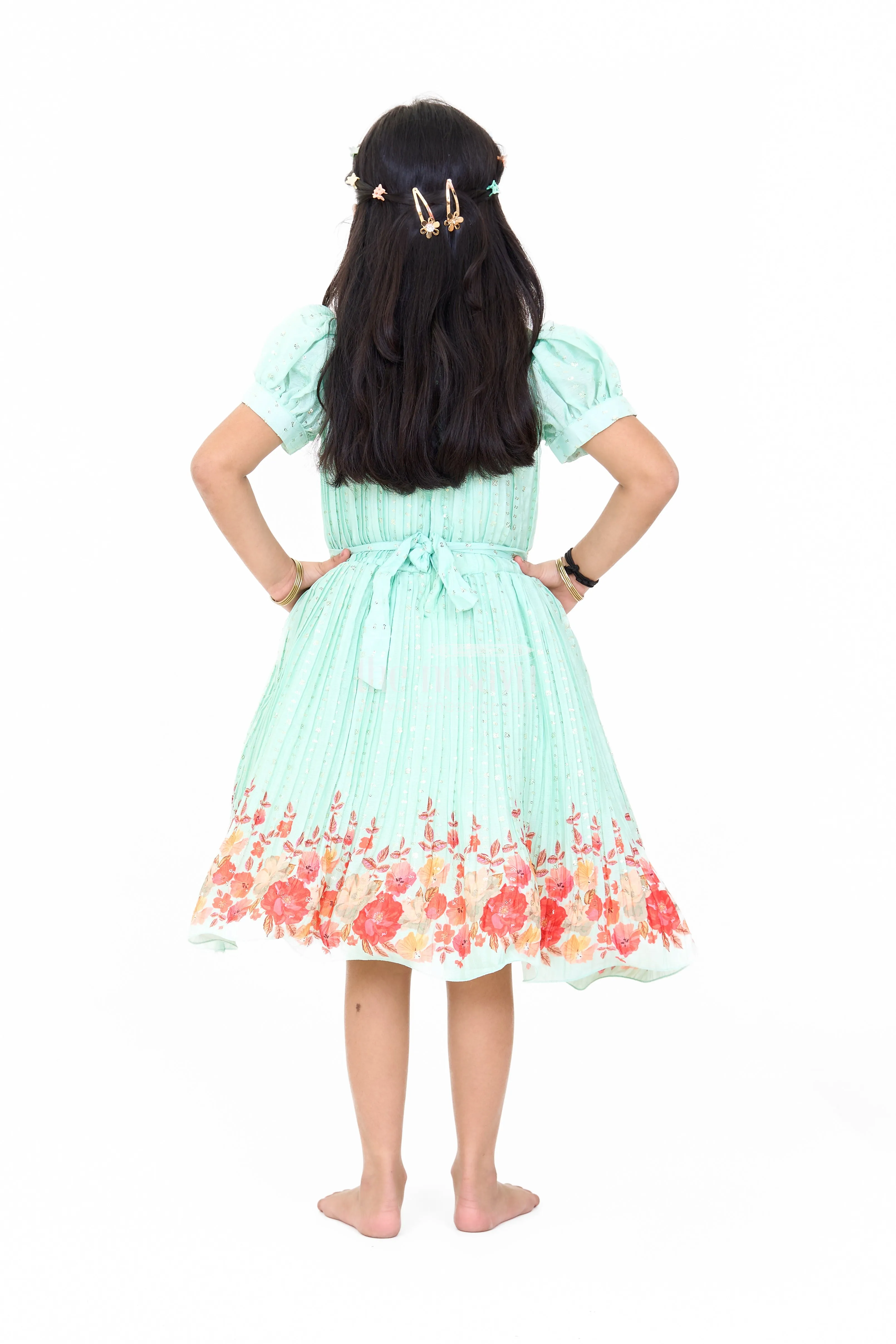 Mint Green Girls Fancy Frock with Floral Embellishments and Vibrant Border for Parties