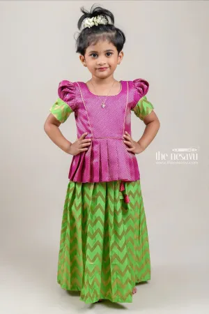 Pink Brocade Designer Silk Blouse with Green Silk Skirt for Girls