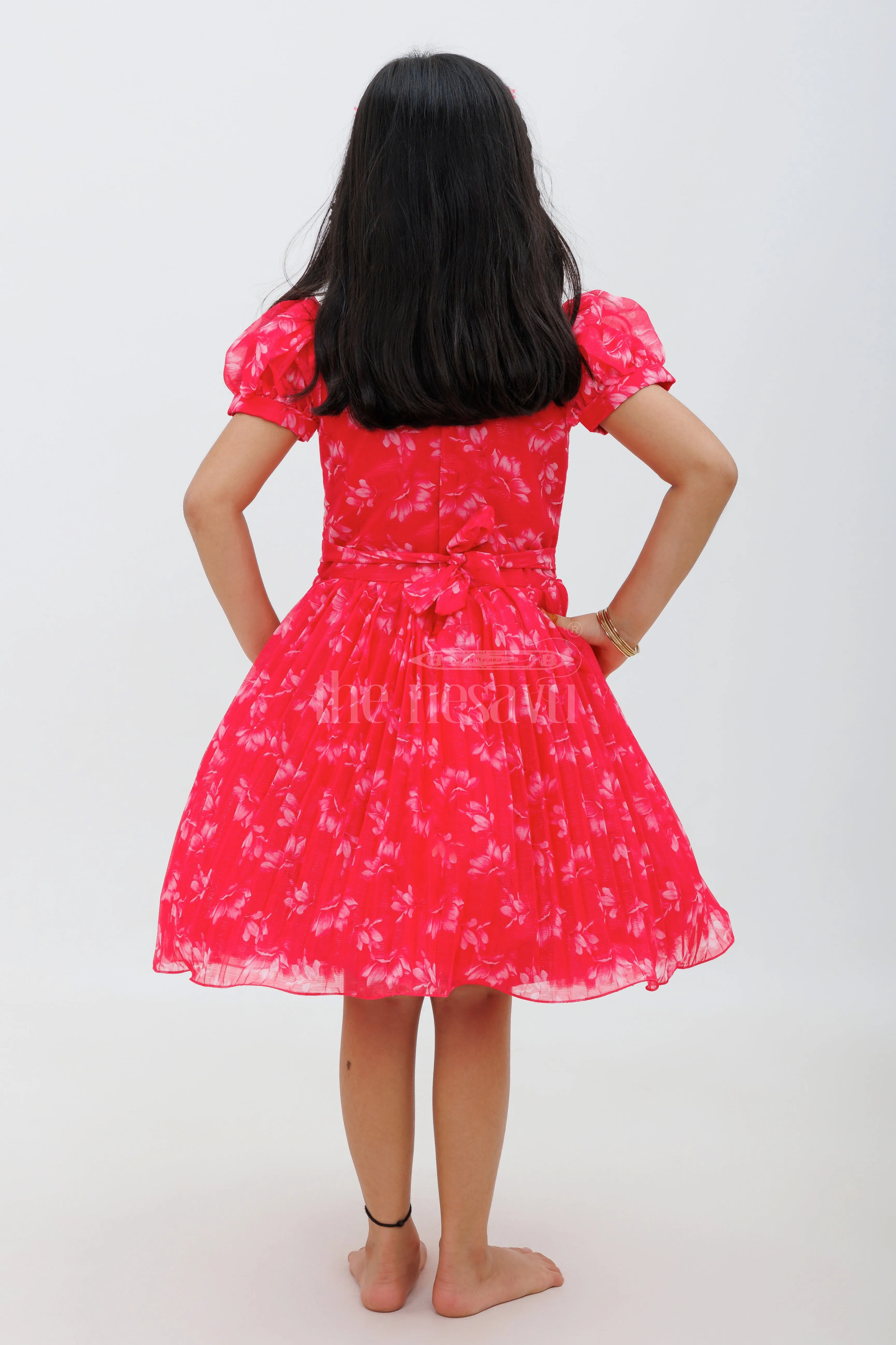 Pink Georgette Print Party Frock with Puff Sleeves