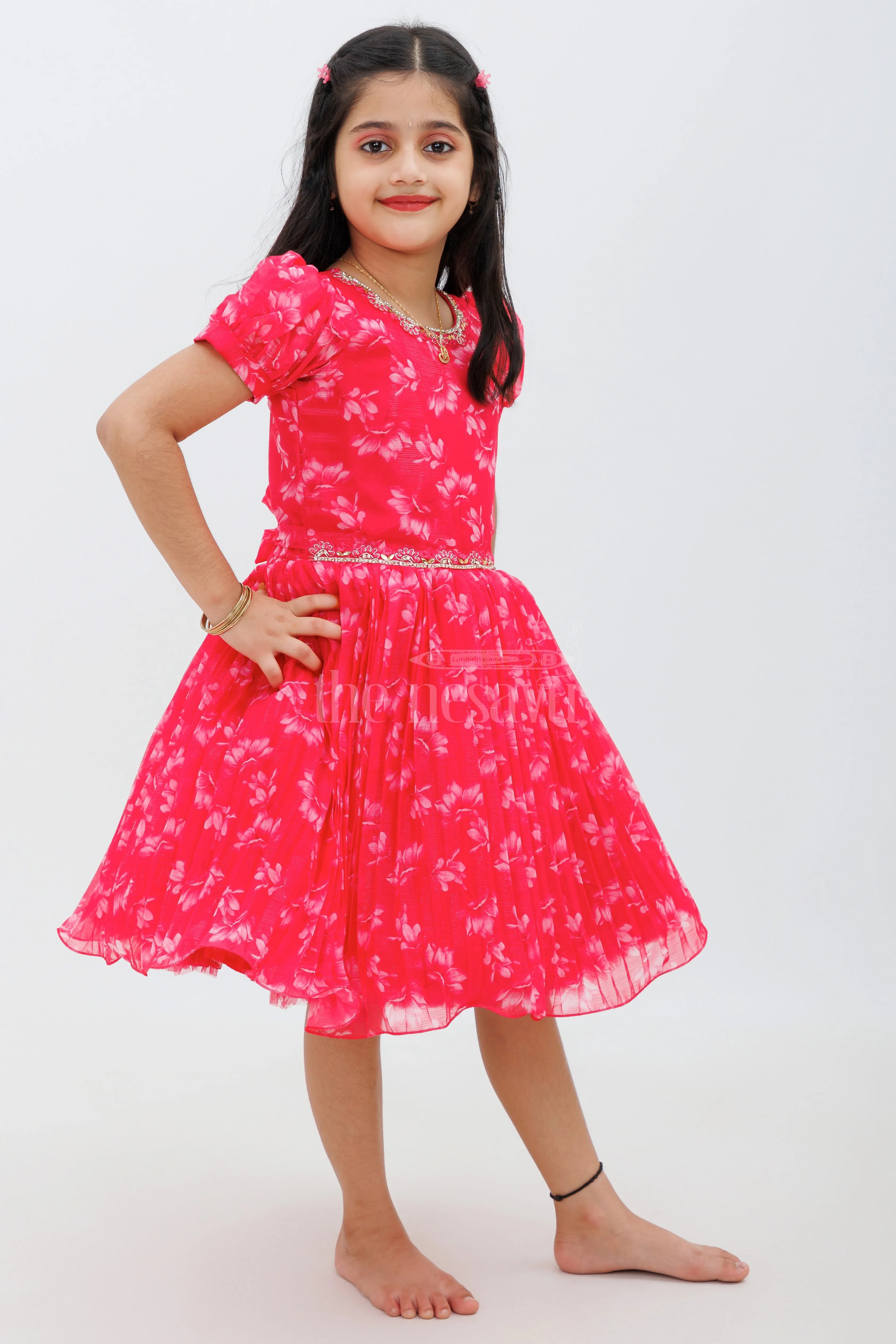 Pink Georgette Print Party Frock with Puff Sleeves