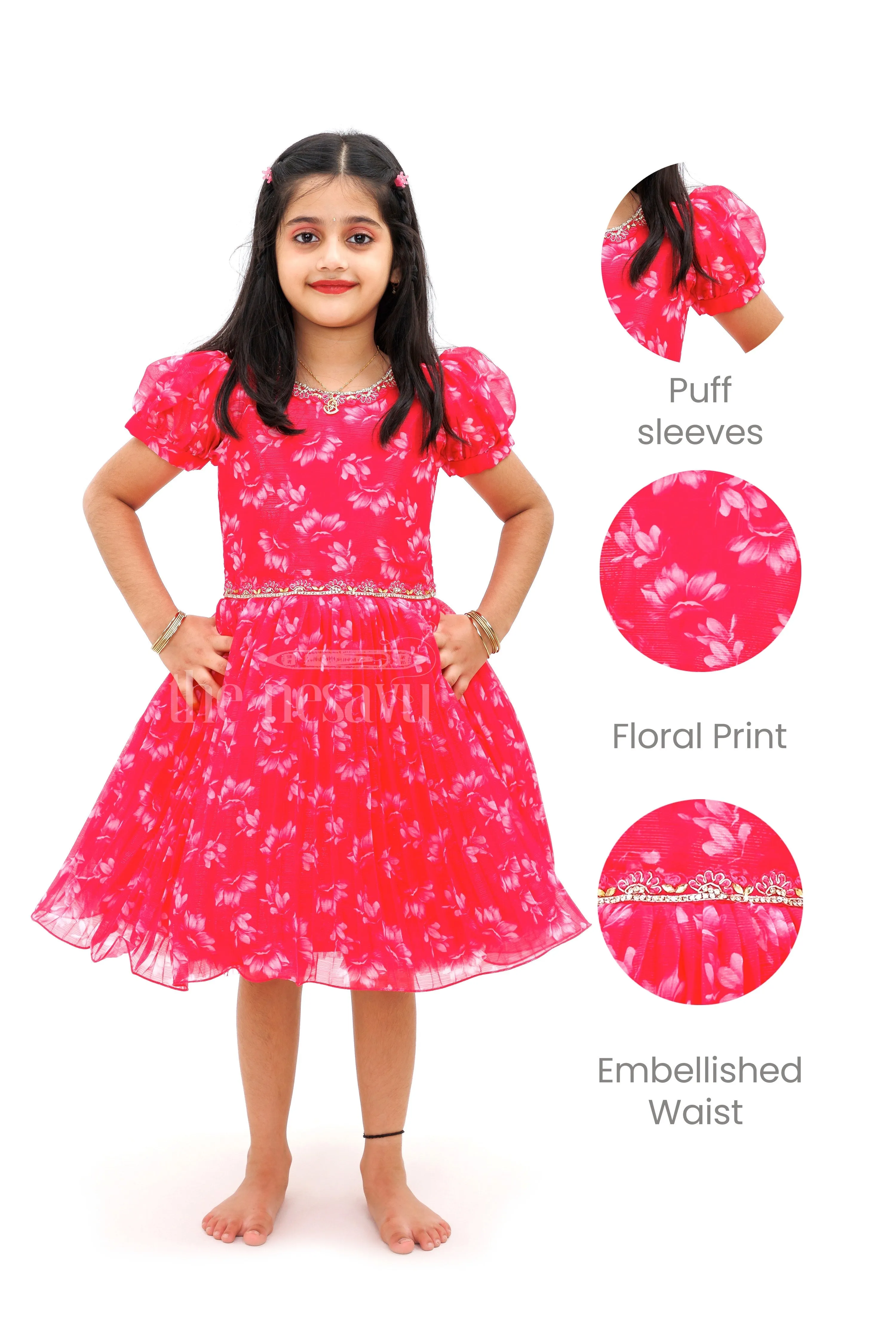 Pink Georgette Print Party Frock with Puff Sleeves