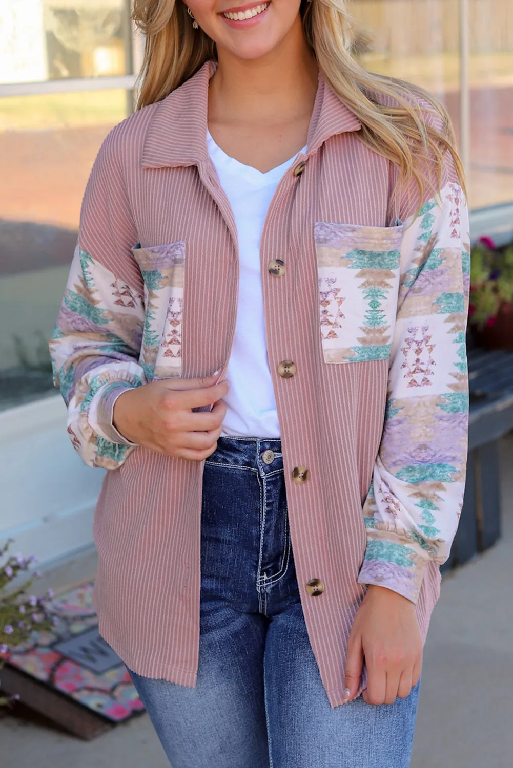 Pink Toltec Corduroy Contrast Shacket