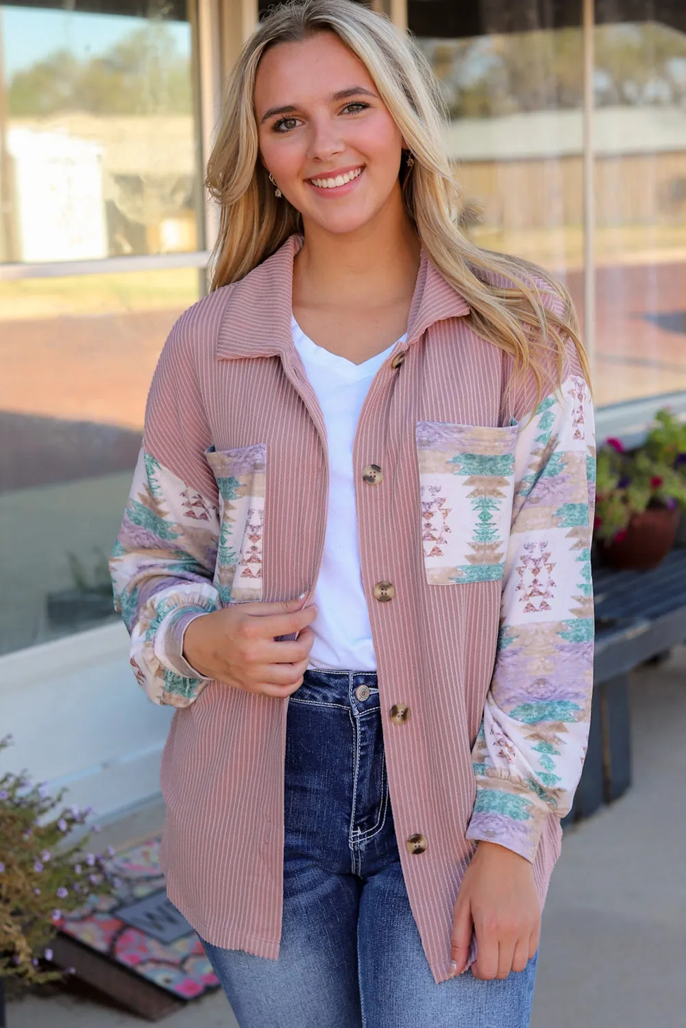 Pink Toltec Corduroy Contrast Shacket