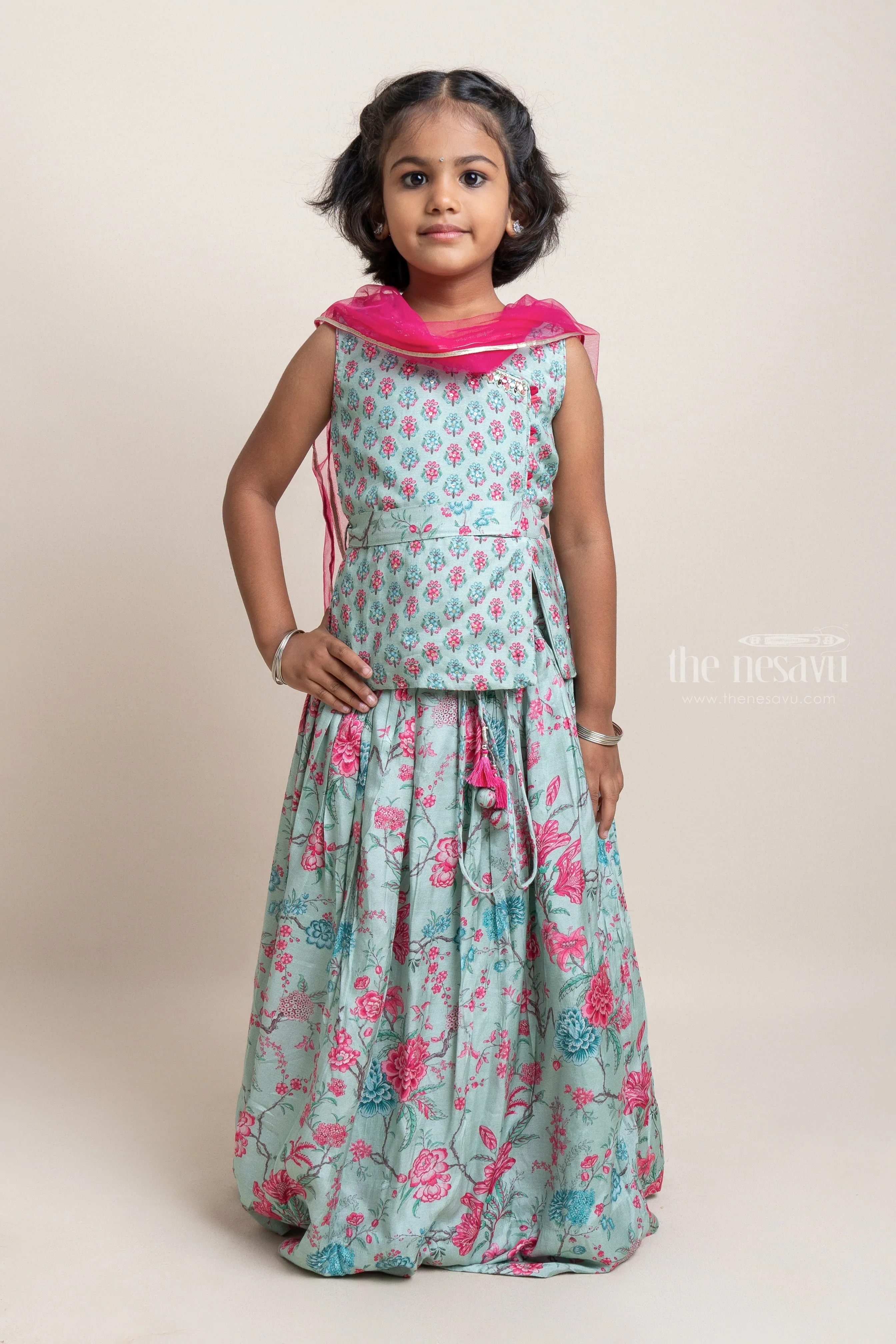 Pretty Green Color Floral Printed Lehanga Choli Set For Young Girls