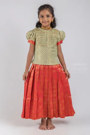 Pretty Lite Green Floral Designer Blouse And Orange Pleated Designer Silk Skirt For Girls