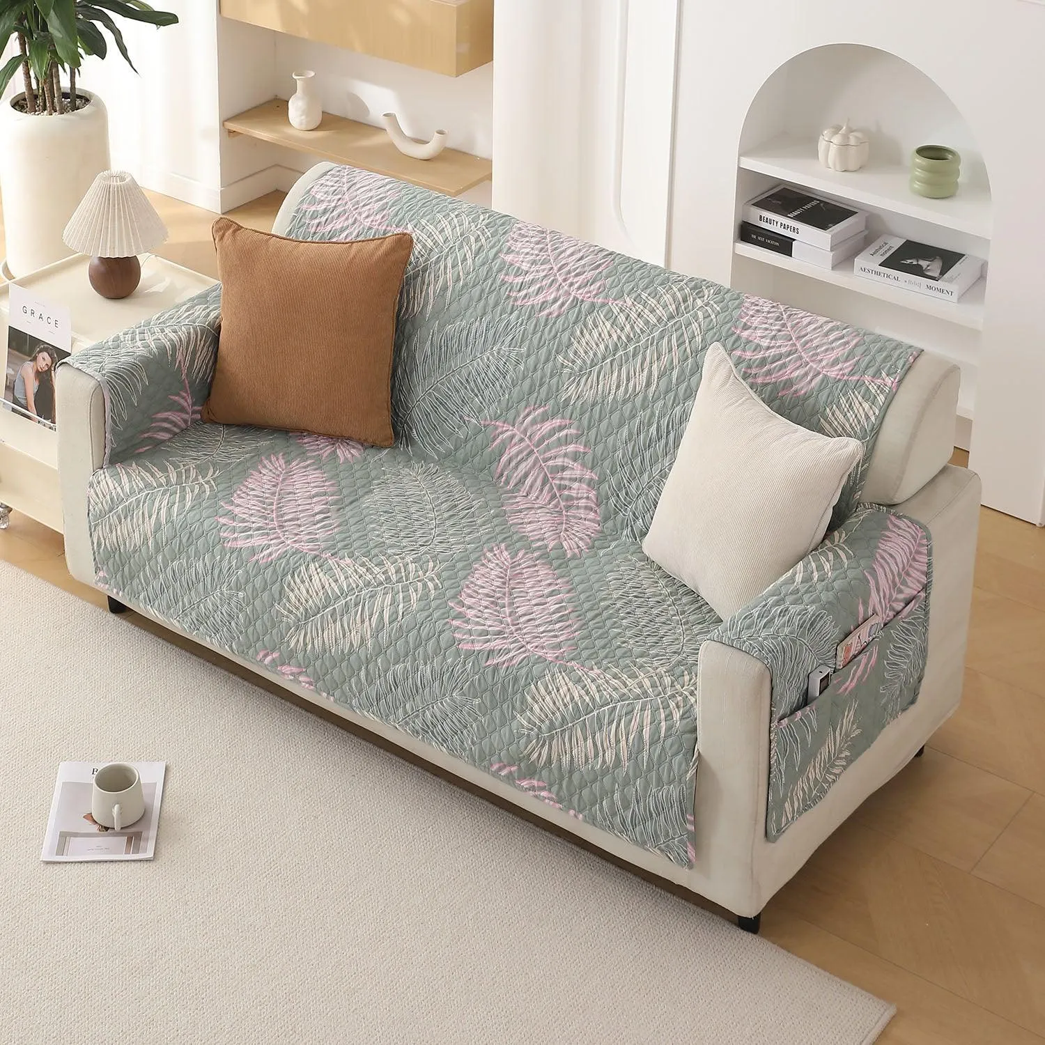 Quilted Printed Polyester Sofa Cover Mat for 1/2/3 Seater Sofa with Side Pockets, Pet Friendly, Tropical Leaves Pastel Green