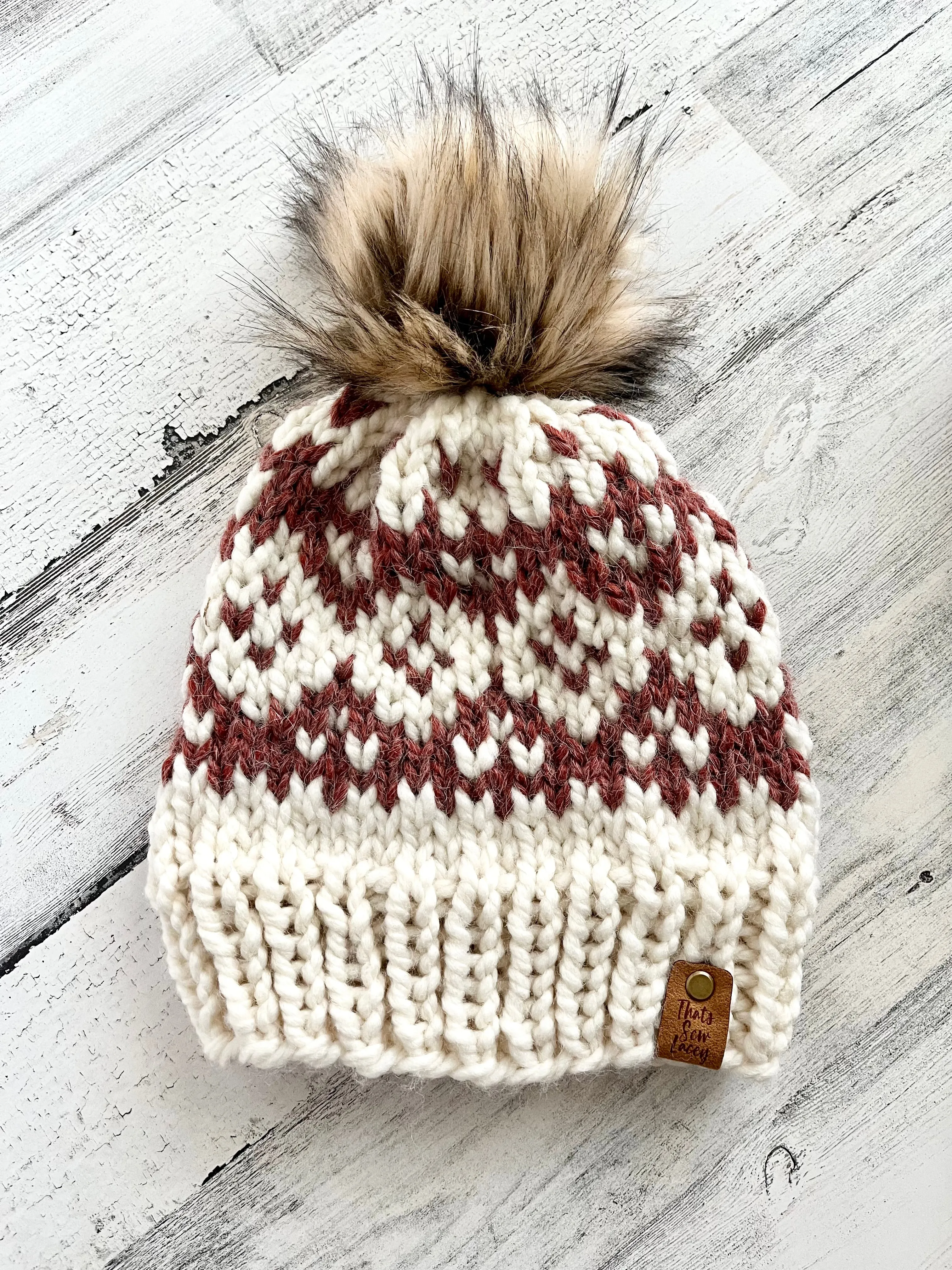 Reversed Fair Isle Diamonds with Faux Fur Pom