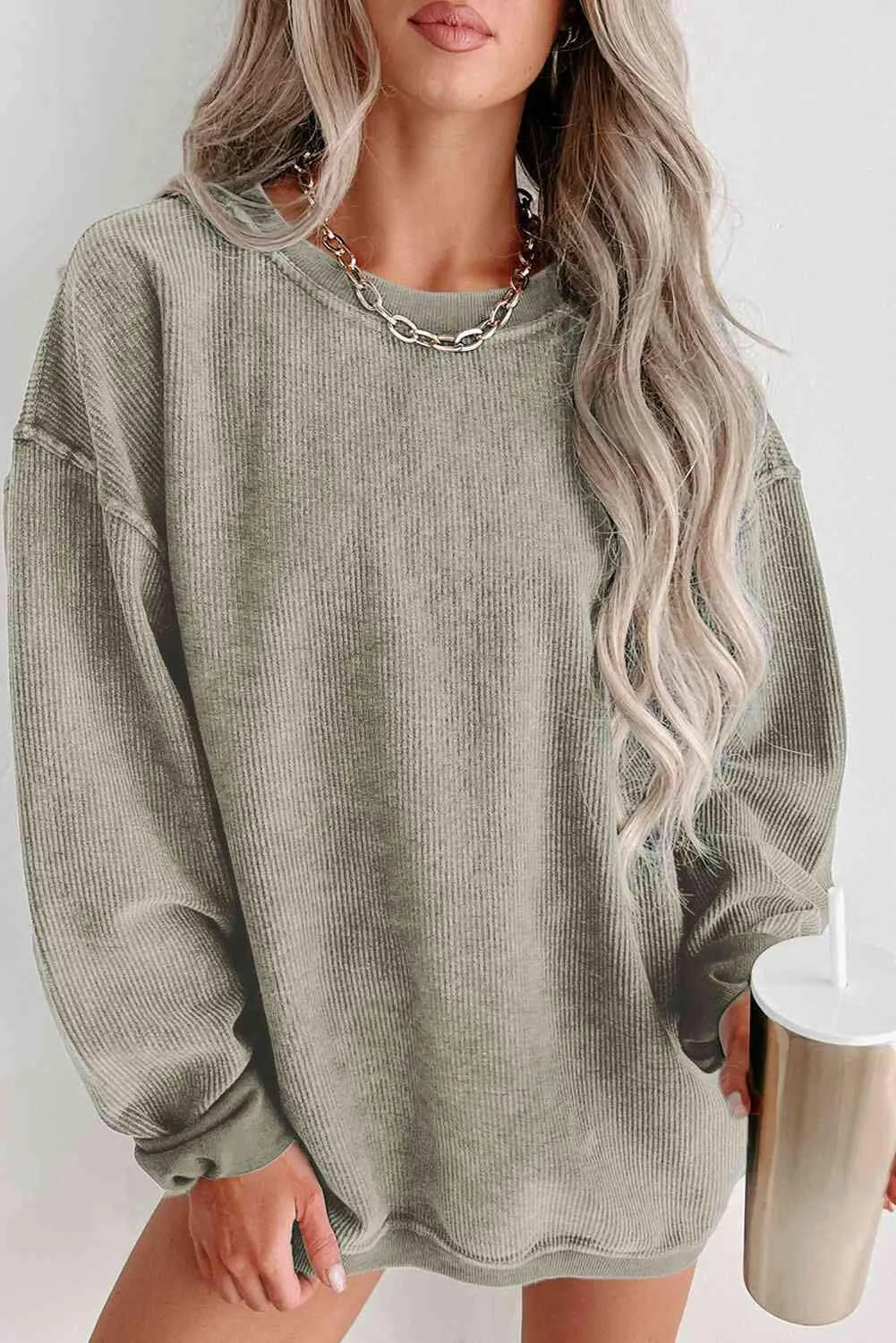 Round Neck Dropped Shoulder Ribbed Sweatshirt