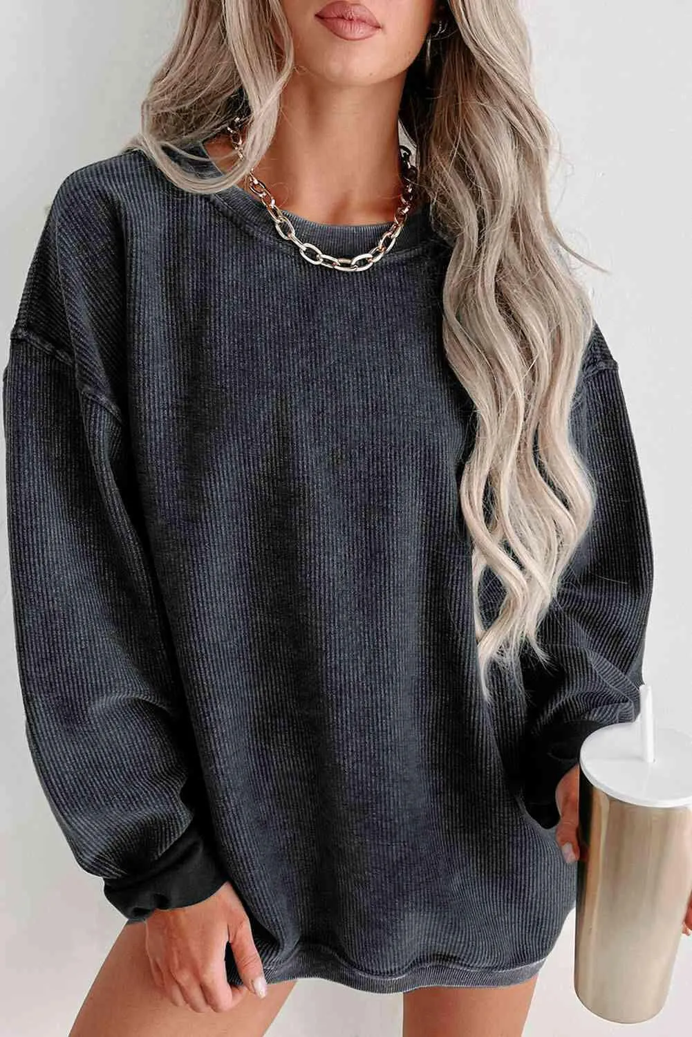 Round Neck Dropped Shoulder Ribbed Sweatshirt