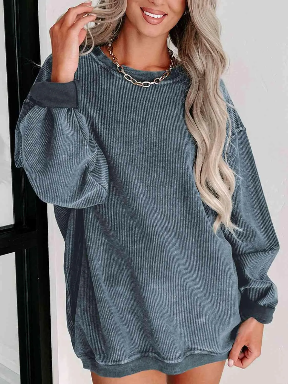 Round Neck Dropped Shoulder Ribbed Sweatshirt