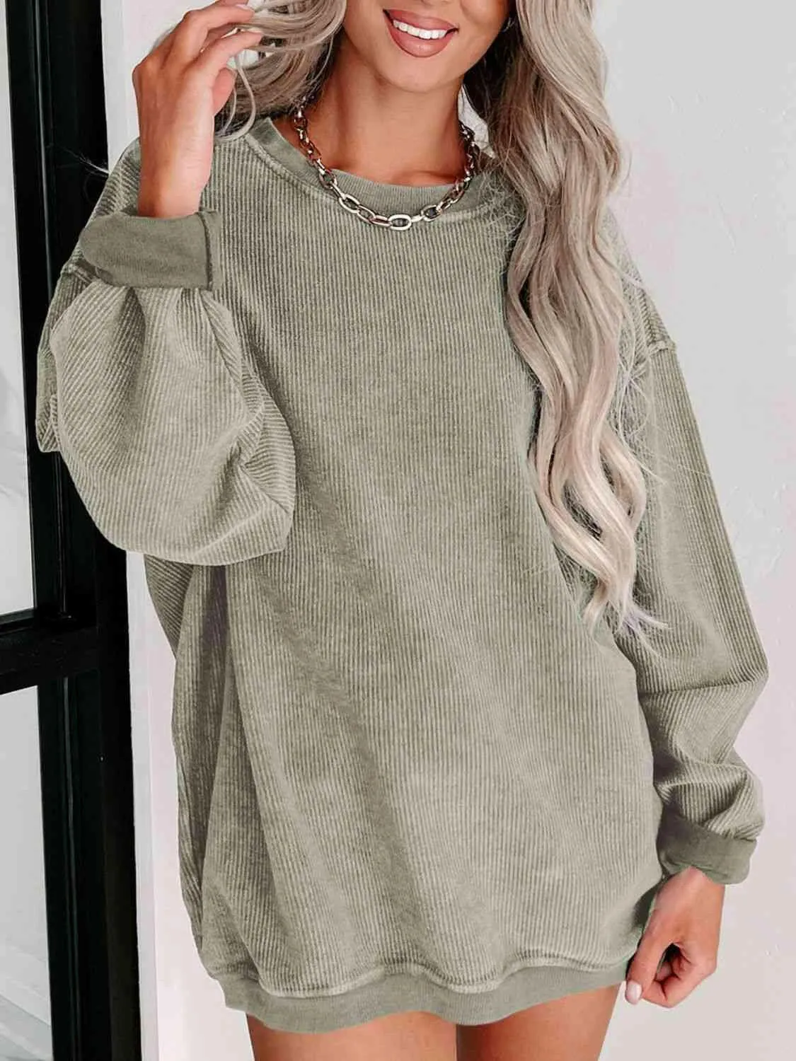 Round Neck Dropped Shoulder Ribbed Sweatshirt