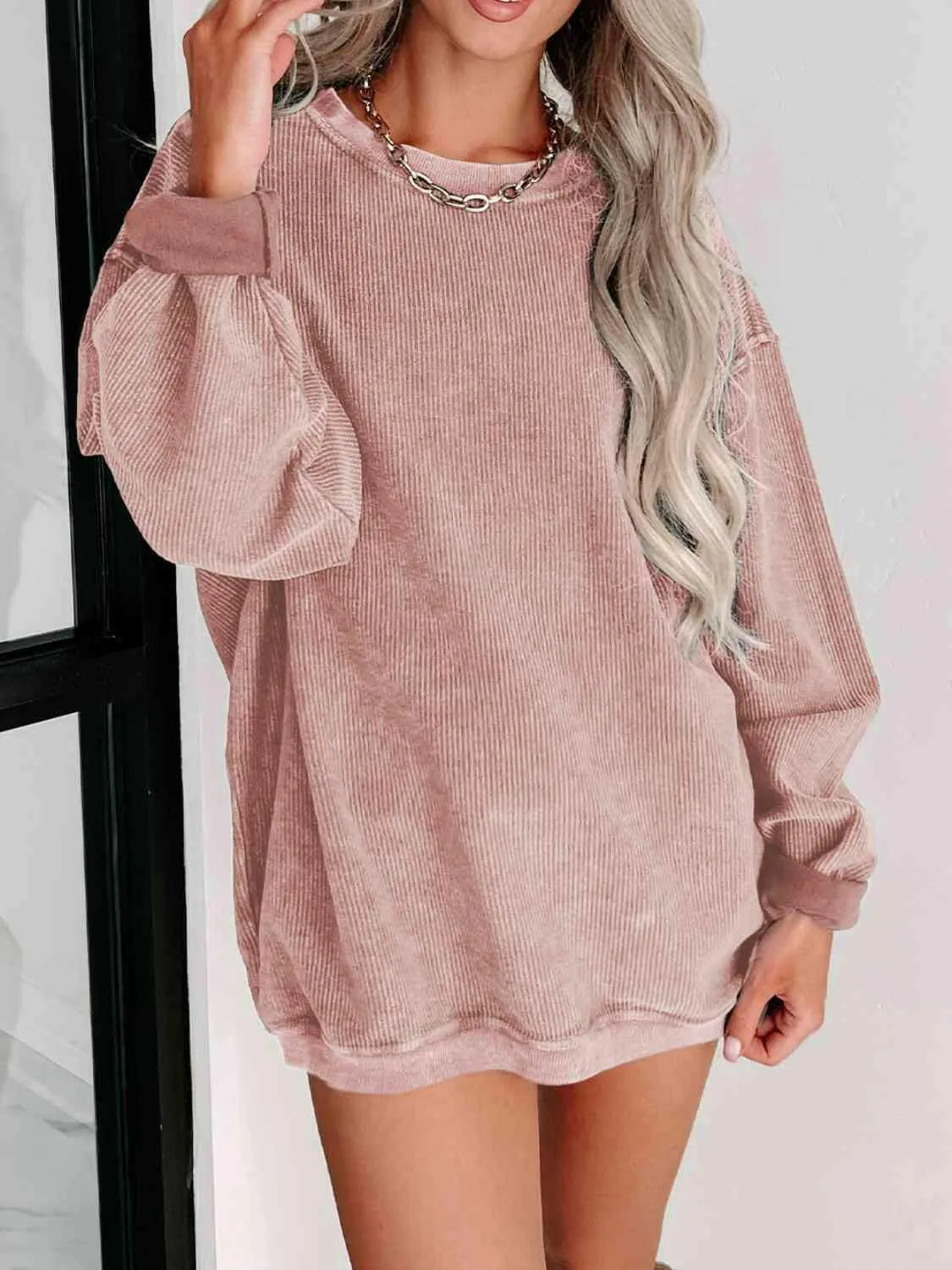 Round Neck Dropped Shoulder Ribbed Sweatshirt