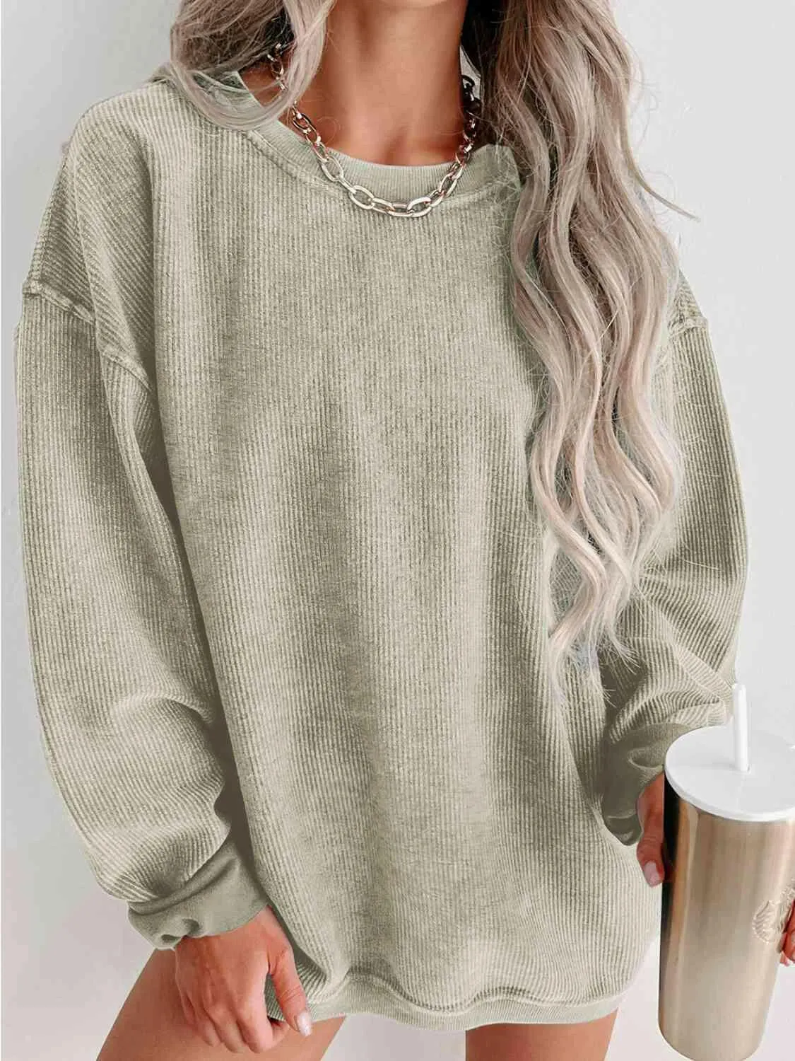 Round Neck Dropped Shoulder Ribbed Sweatshirt