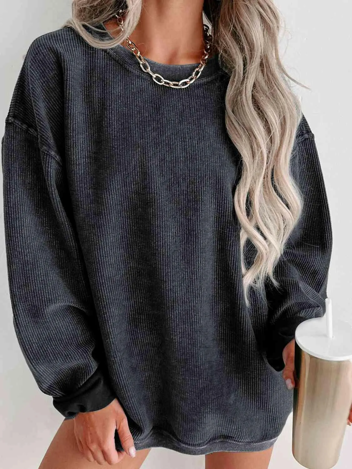 Round Neck Dropped Shoulder Ribbed Sweatshirt