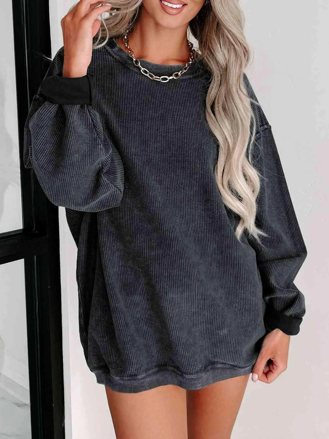 Round Neck Dropped Shoulder Ribbed Sweatshirt