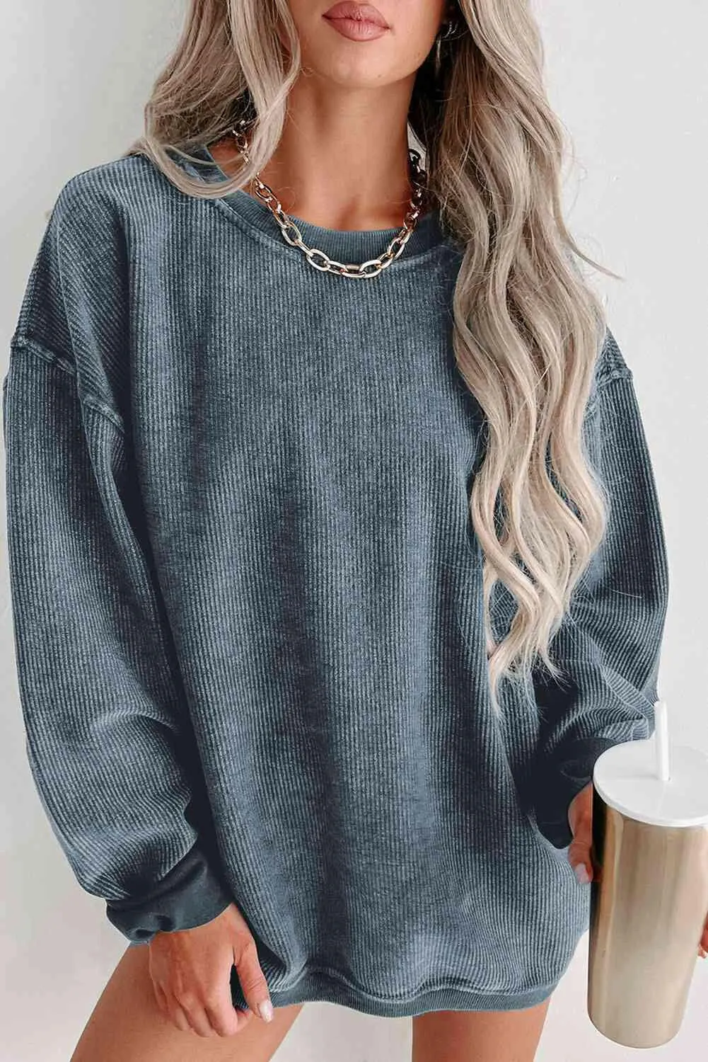 Round Neck Dropped Shoulder Ribbed Sweatshirt