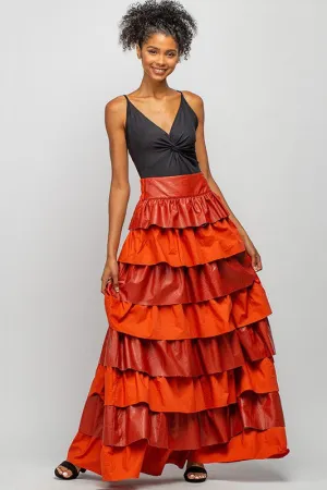 Rust Faux Leather Layered Maxi Skirt With Ruffles