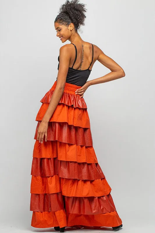 Rust Faux Leather Layered Maxi Skirt With Ruffles