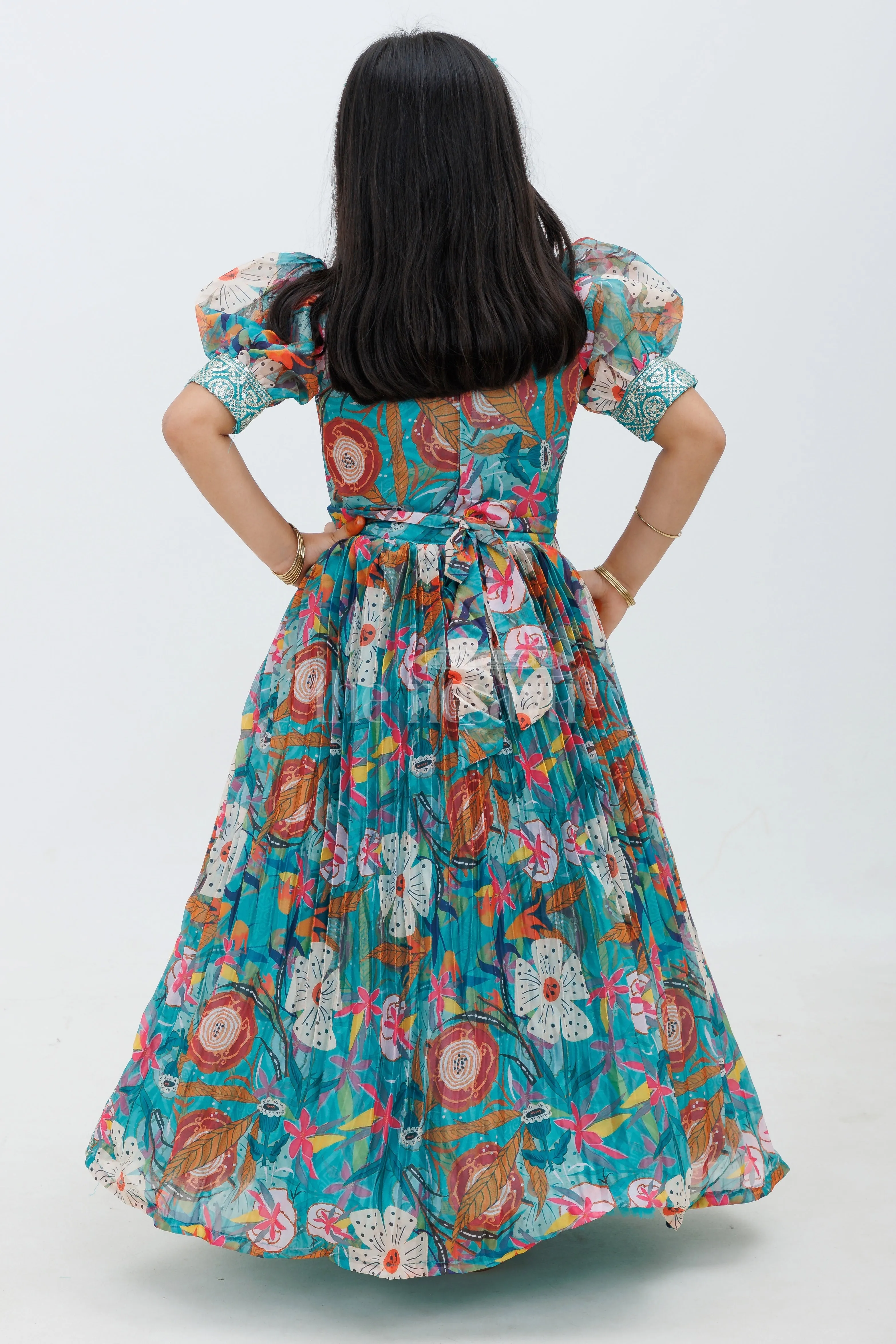 Sea Green Chinon Print Gown with Waist Embroidery