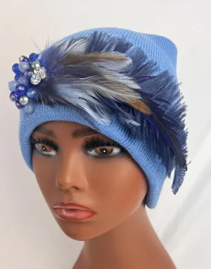 Sky Blue Embellished Feathered & Jeweled Sparkly Knit Hat