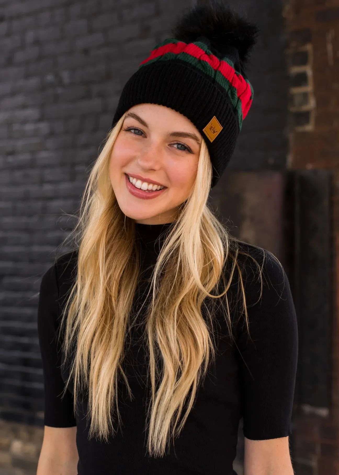 Stripe Knit Hat with Faux Fur Pom