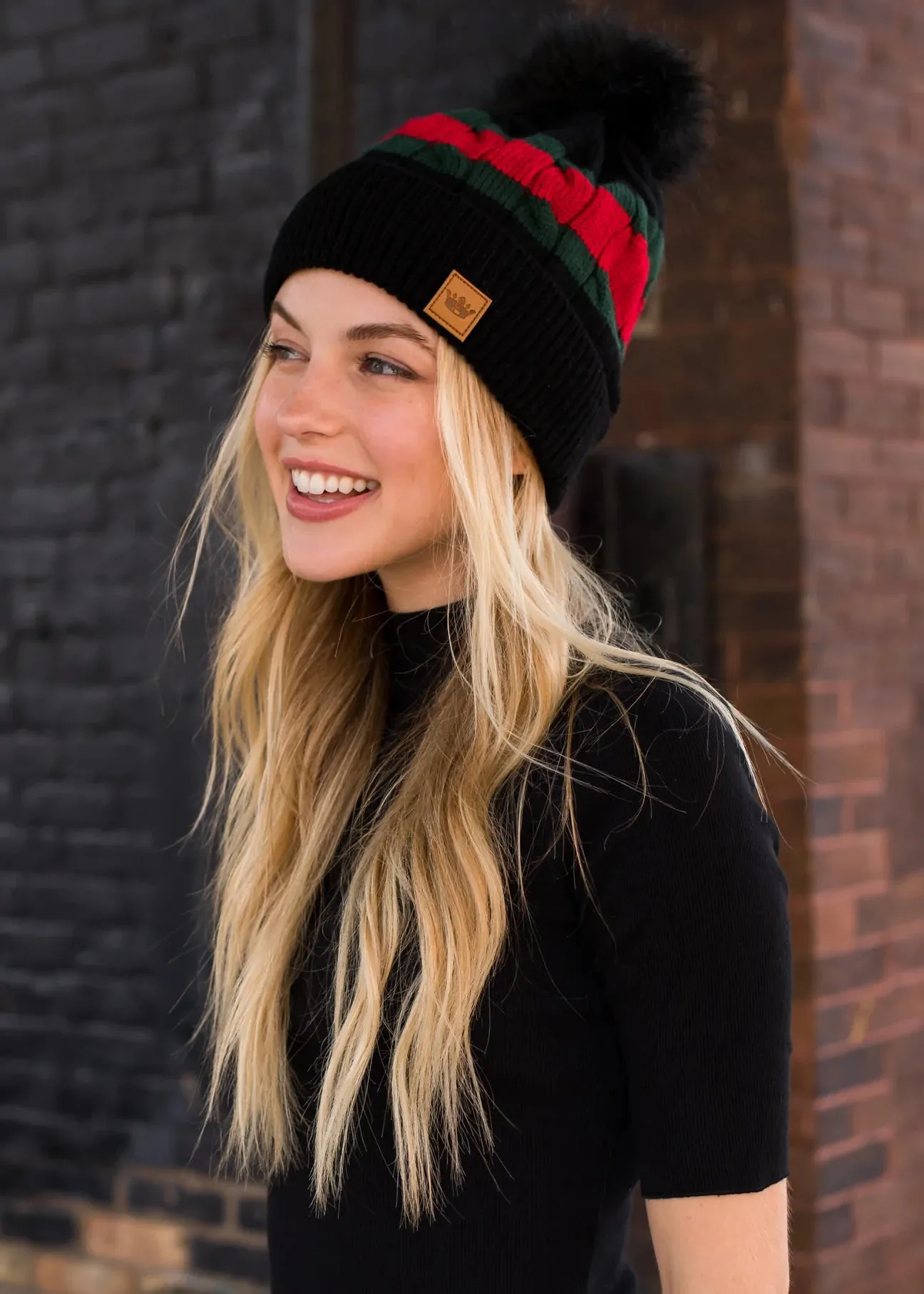 Stripe Knit Hat with Faux Fur Pom