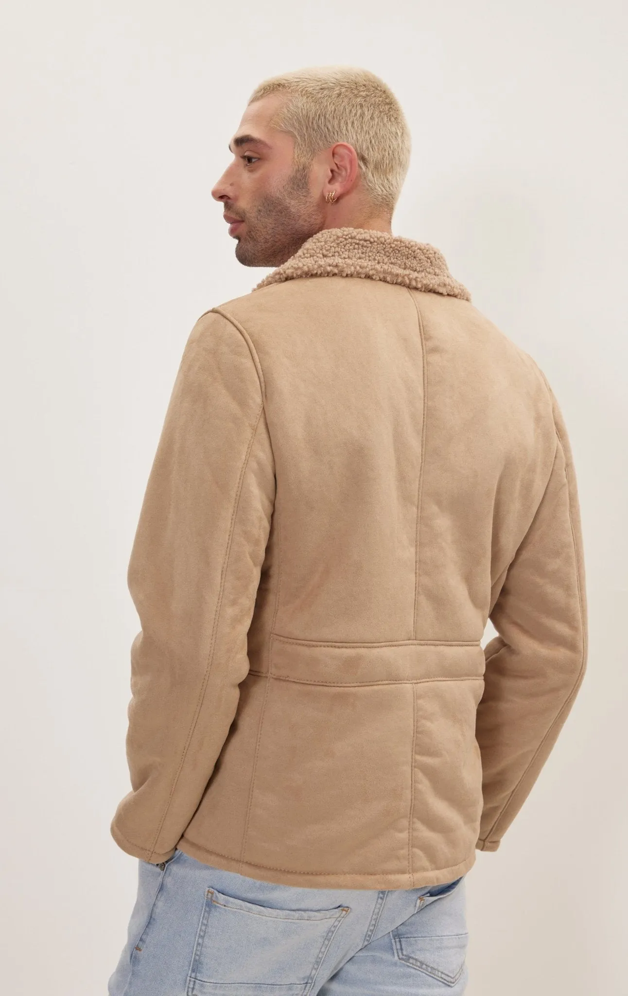 Vegan Shearling Button Closure Jacket - Stone