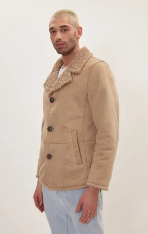 Vegan Shearling Button Closure Jacket - Stone