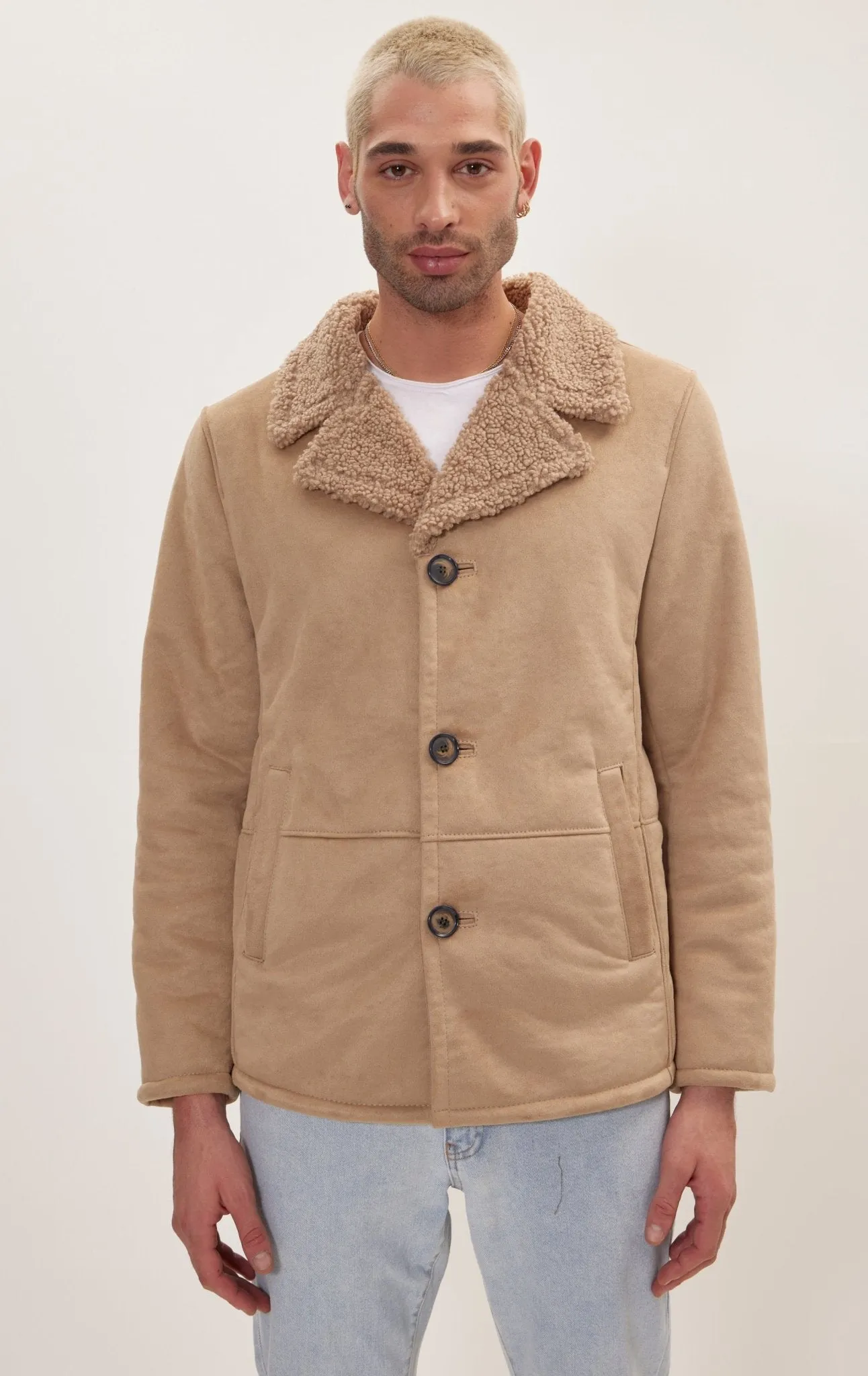 Vegan Shearling Button Closure Jacket - Stone