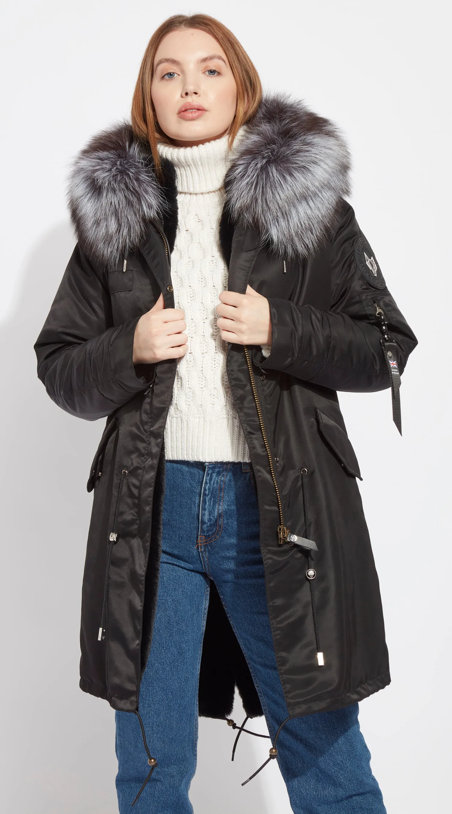 Womens Black Water-Repellent Luxy Fur Parka - 3/4 Silver Fox