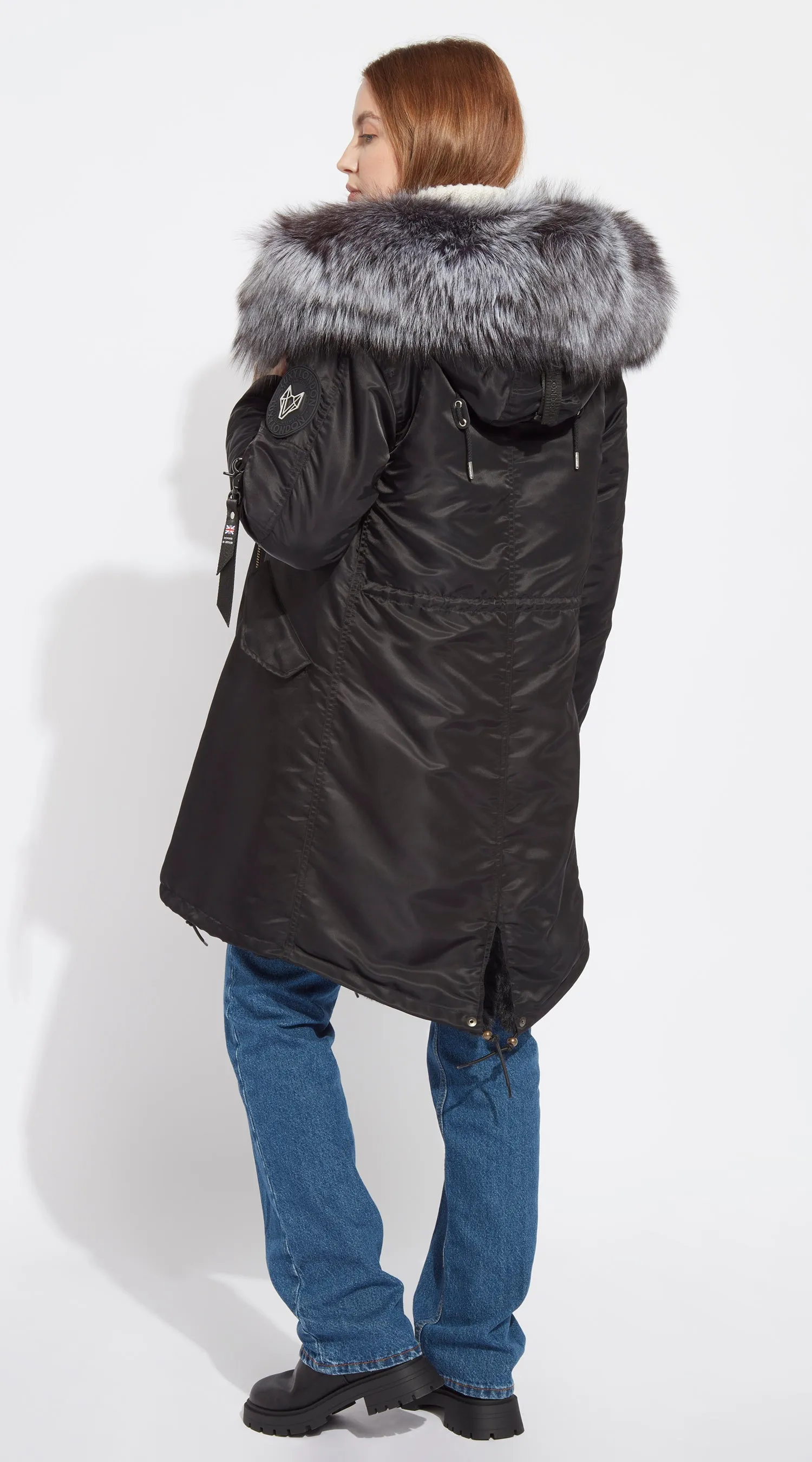 Womens Black Water-Repellent Luxy Fur Parka - 3/4 Silver Fox